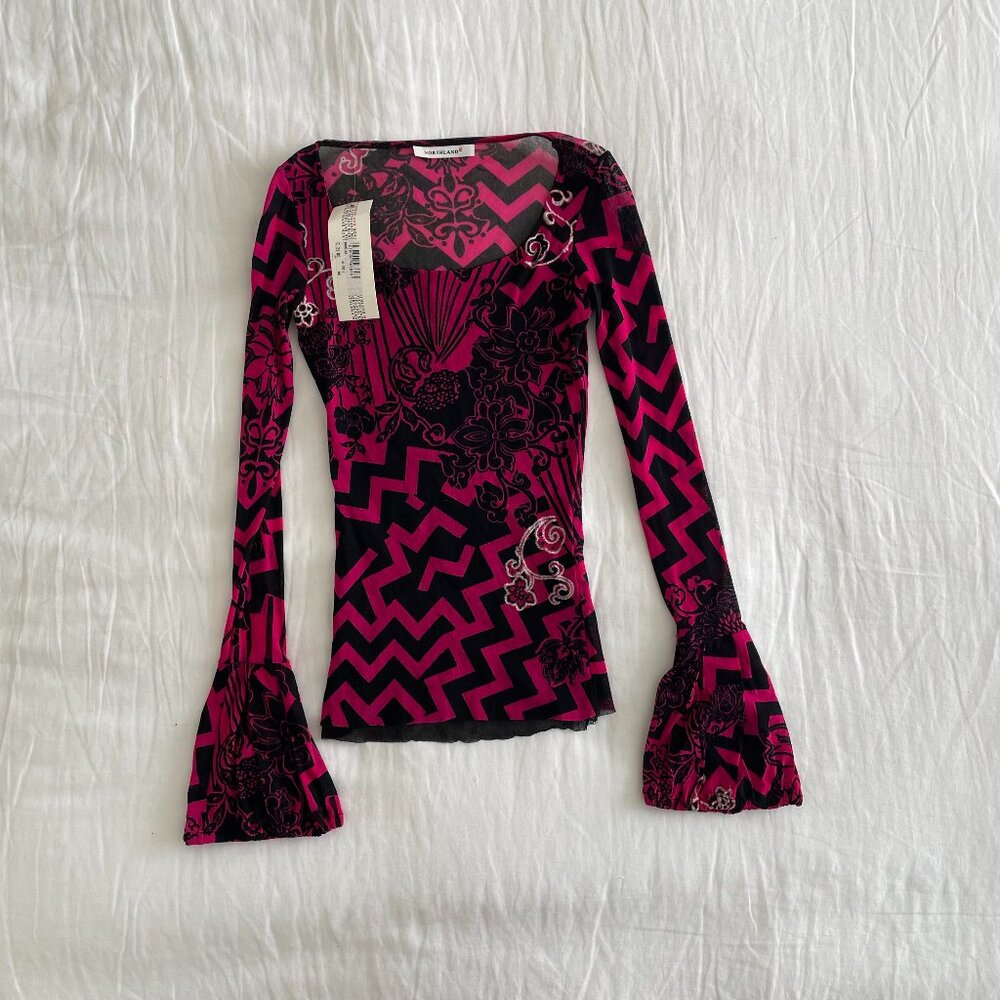 NWT Northland Printed Black & Pink Long Sleeve Blouse (sz )